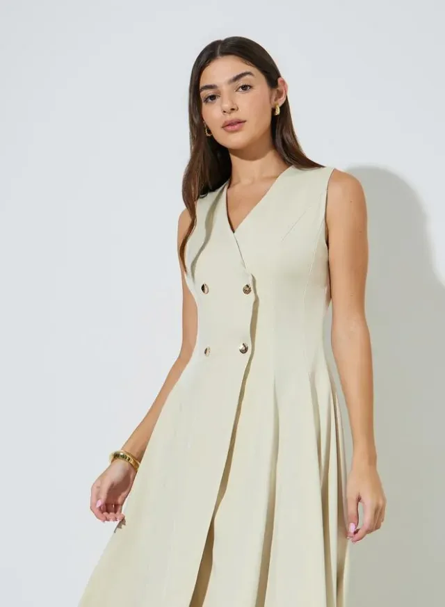 Beige Solid Double Breast Sleeveless Blazer Midi Dress – image 2