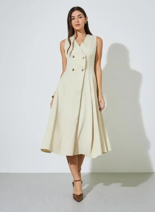 Beige Solid Double Breast Sleeveless Blazer Midi Dress – image 3