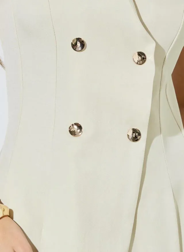 Beige Solid Double Breast Sleeveless Blazer Midi Dress – image 4