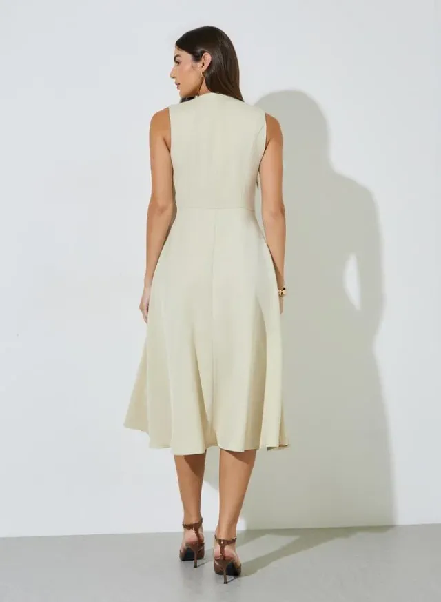 Beige Solid Double Breast Sleeveless Blazer Midi Dress – image 5