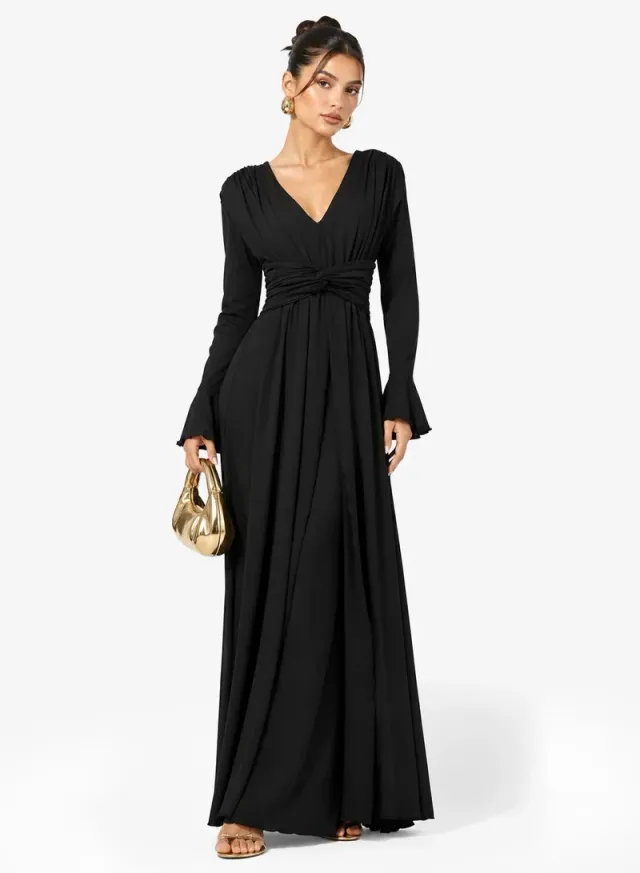 Plunge Neck Draped A Line Dress