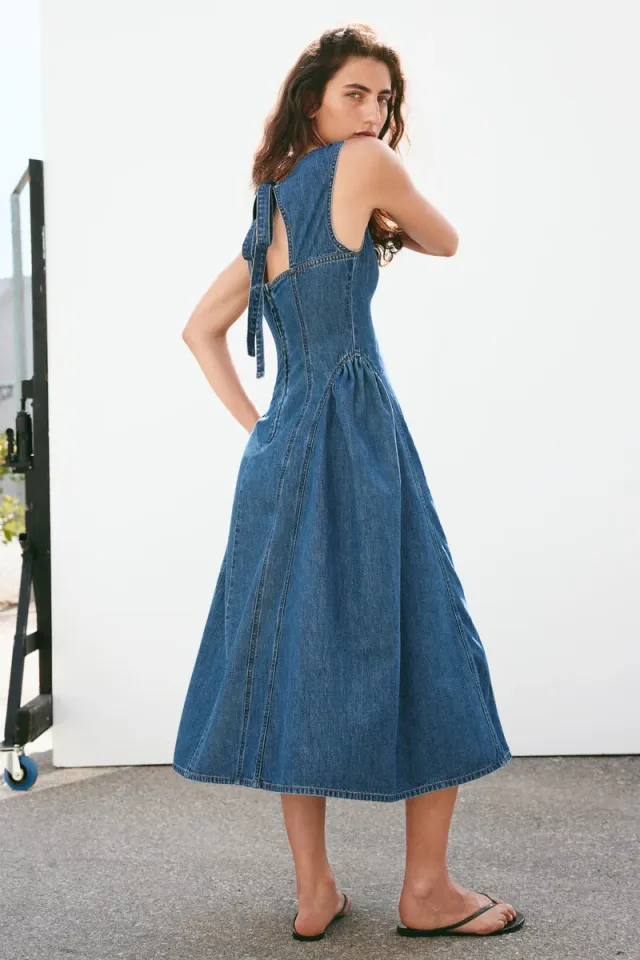 Flared-skirt twill dress – image 6