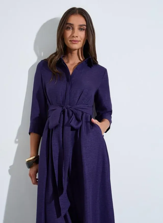 Purple Solid Tie-Up Waist 3/4 Sleeves Shirt Maxi Dress – image 2