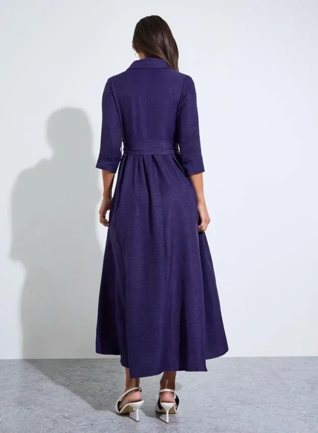 Purple Solid Tie-Up Waist 3/4 Sleeves Shirt Maxi Dress – image 3