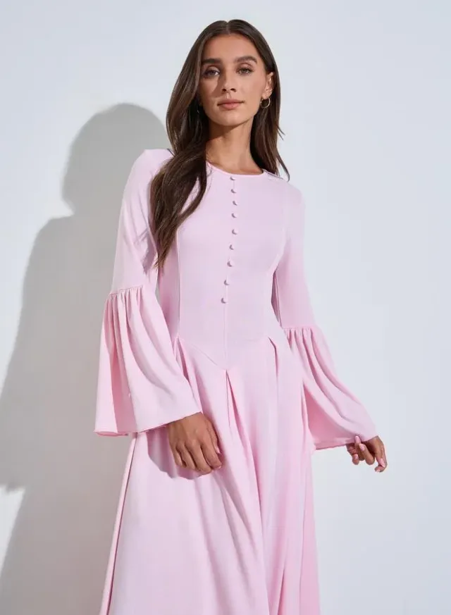 Pink Solid Button Detail Long Bell Ruffled Sleeves A-Line Maxi Dress – image 2