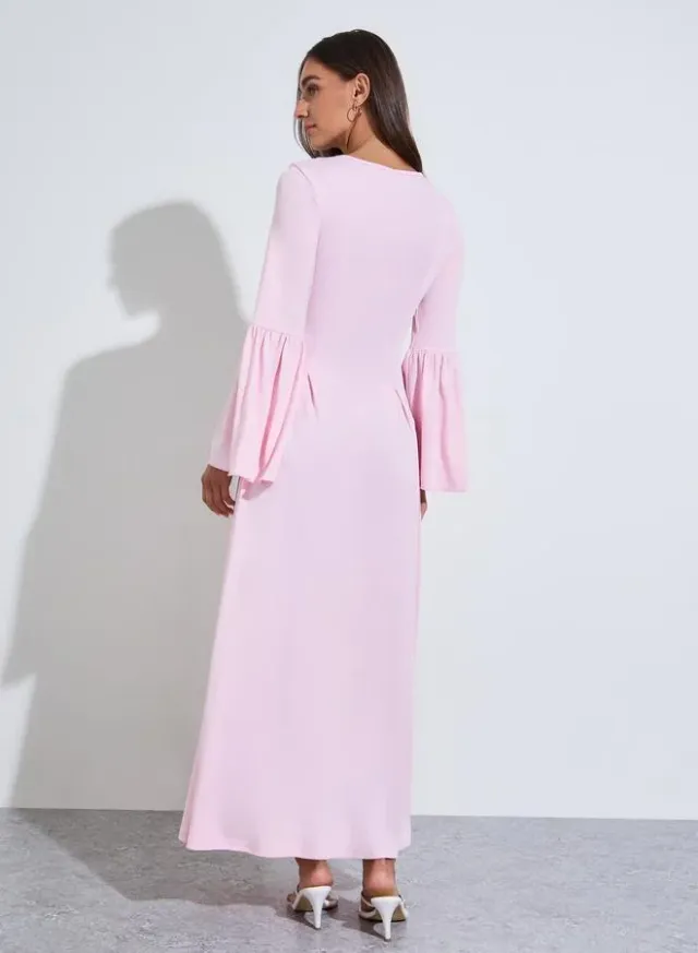 Pink Solid Button Detail Long Bell Ruffled Sleeves A-Line Maxi Dress – image 3