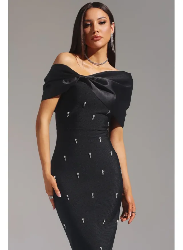 Palez Sleeveless One Shoulder Diamond Bow Bandage Maxi Dress – image 3