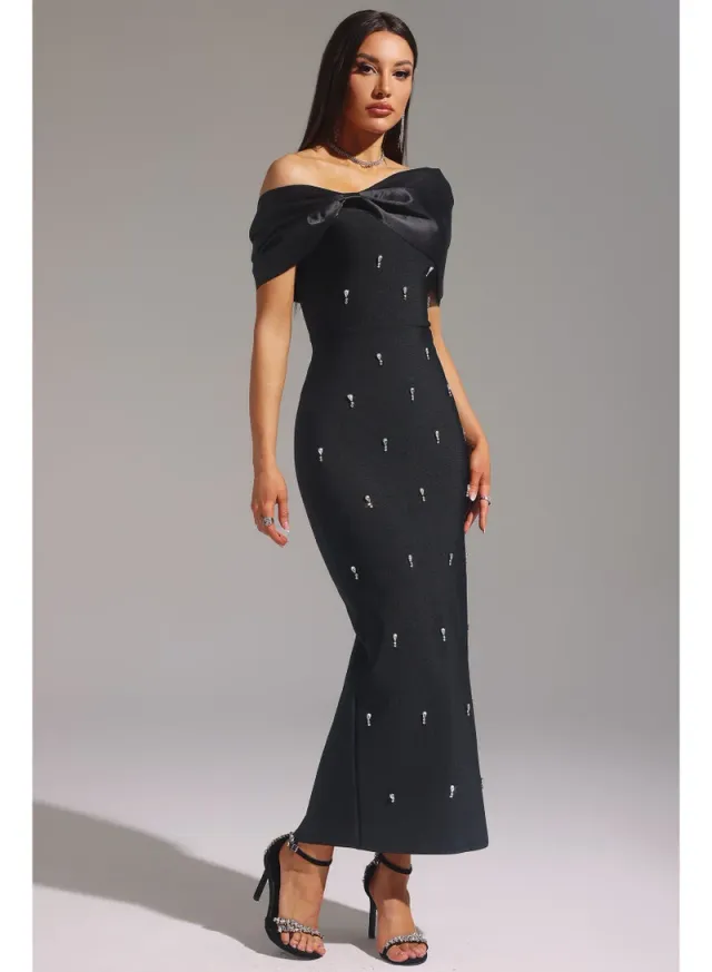 Palez Sleeveless One Shoulder Diamond Bow Bandage Maxi Dress – image 5