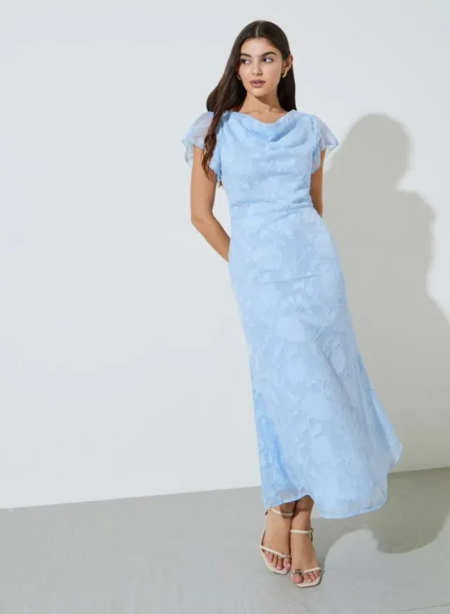 Blue Textured Cowl Neck A-Line Maxi Dress