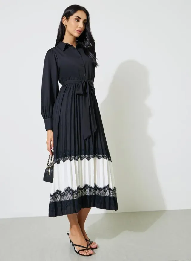 Black Pleated Lace Details Fit and Flare Shirt Midi Dress – image 2