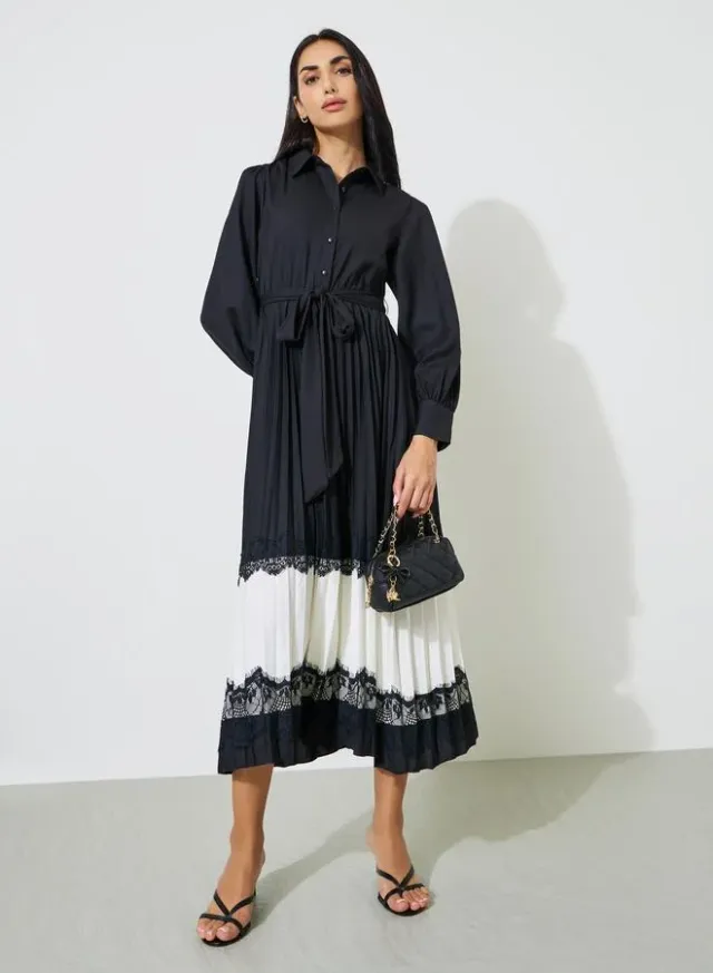 Black Pleated Lace Details Fit and Flare Shirt Midi Dress – image 3