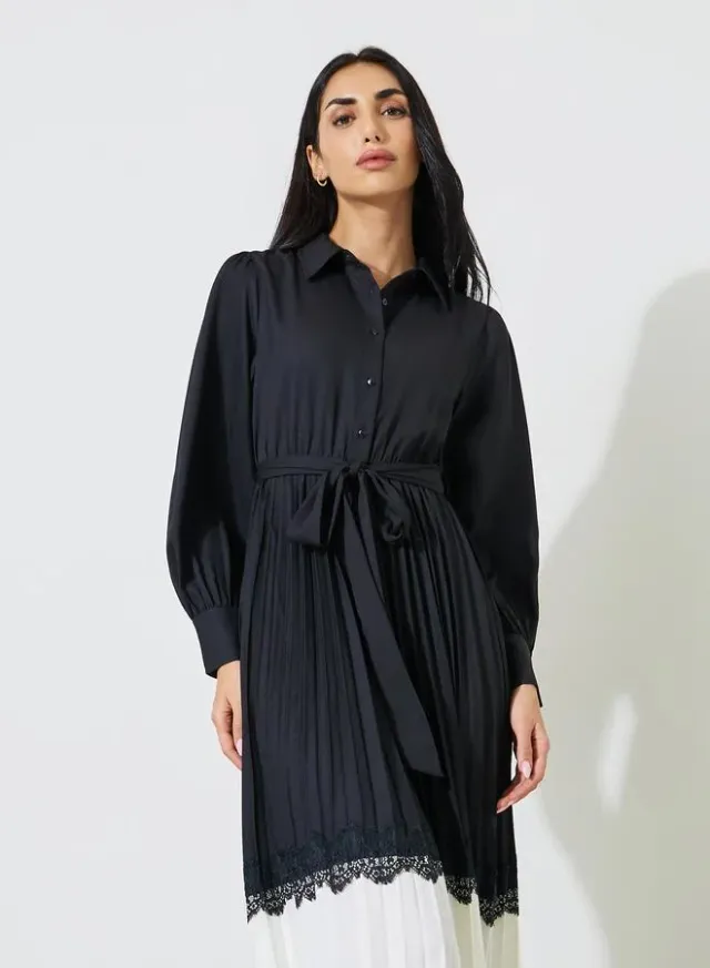 Black Pleated Lace Details Fit and Flare Shirt Midi Dress – image 4