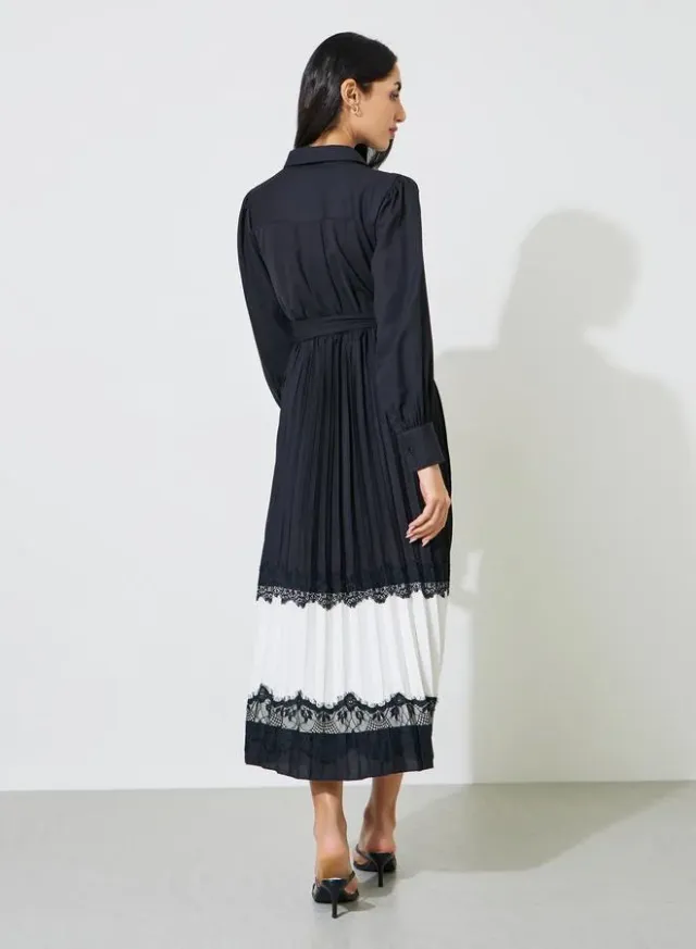 Black Pleated Lace Details Fit and Flare Shirt Midi Dress – image 6