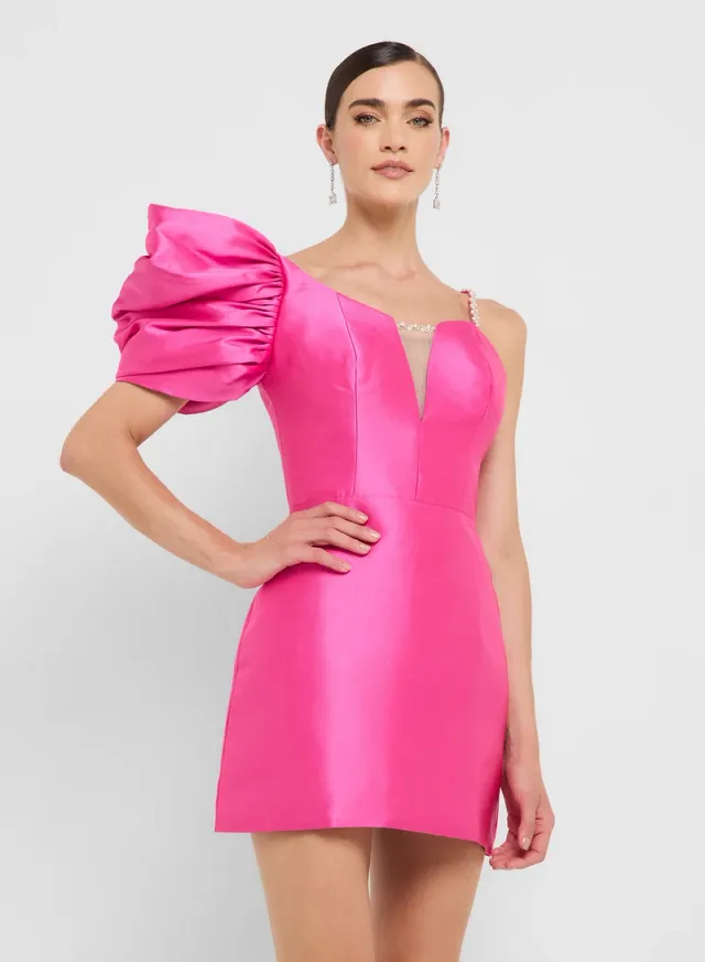 eclat luxe assymetric shoulder puff sleeves shift dress