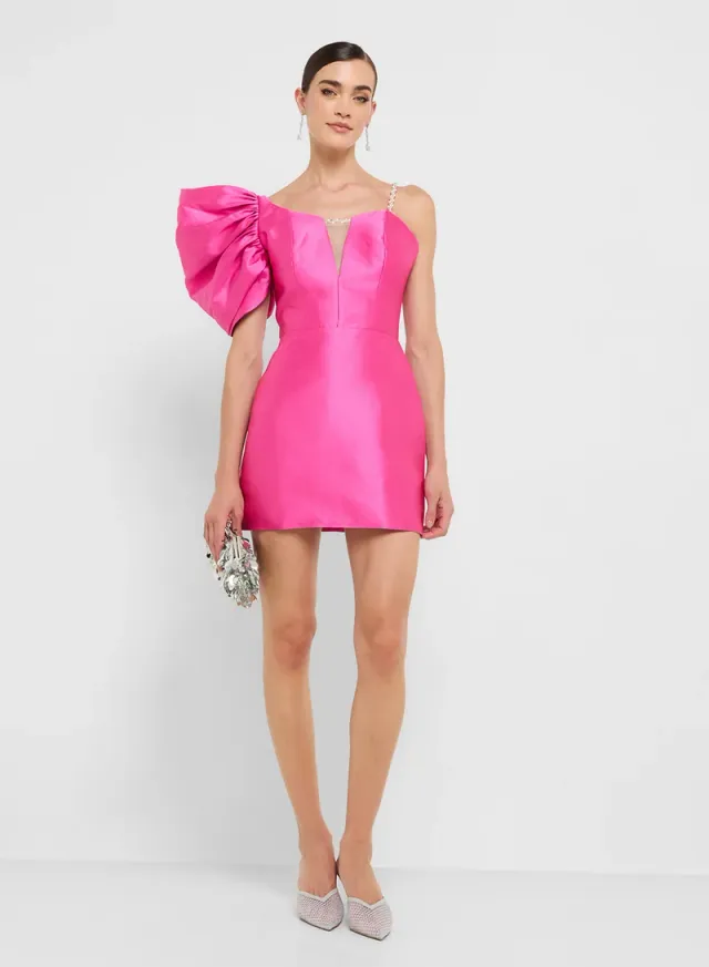 eclat luxe assymetric shoulder puff sleeves shift dress – image 4