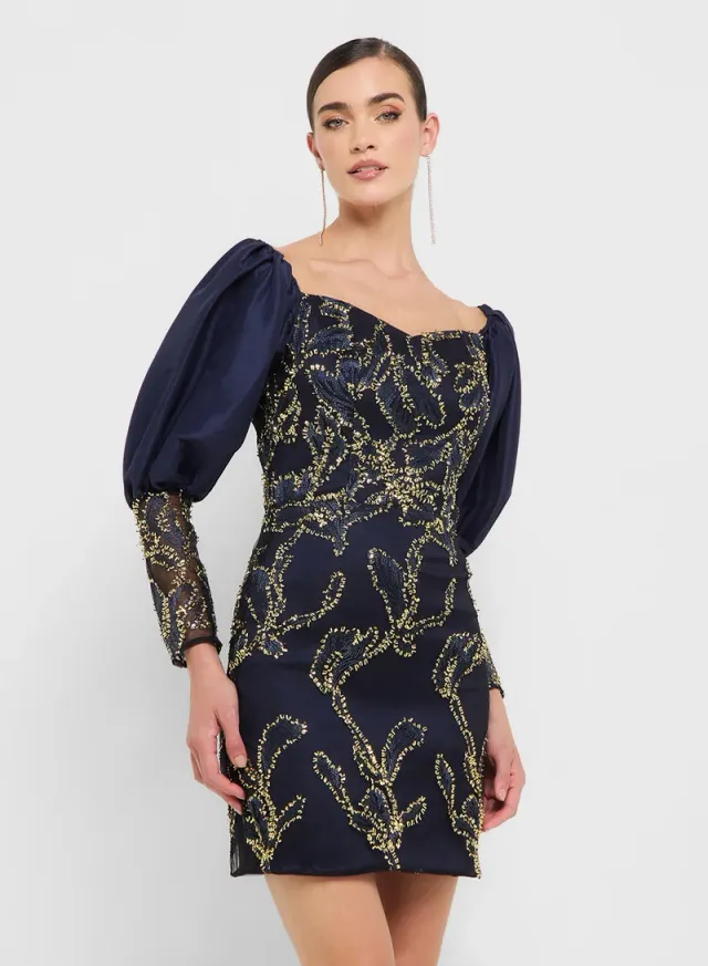 eclat luxe puff sleeves sweetheart neckline sequin dress