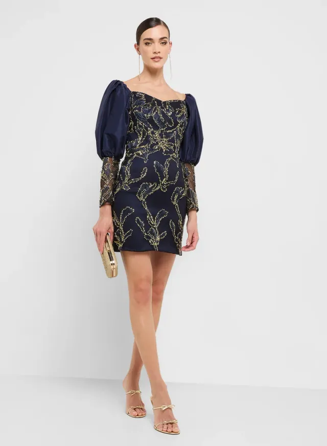 eclat luxe puff sleeves sweetheart neckline sequin dress – image 4