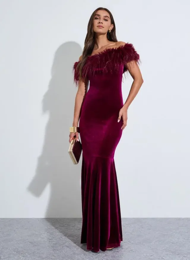 Off Shoulder Faux Fur Detail Mermaid Hem Maxi Dress