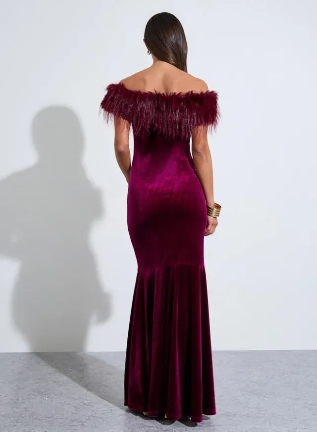 Off Shoulder Faux Fur Detail Mermaid Hem Maxi Dress – image 3