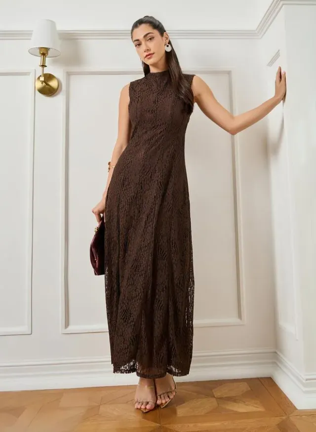 Women Brown Textured Sleeveless Maxi Dress