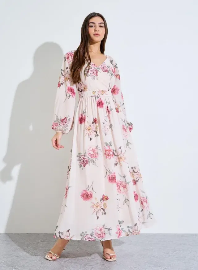 Floral Print Long Sleeves A-Line Maxi Dress