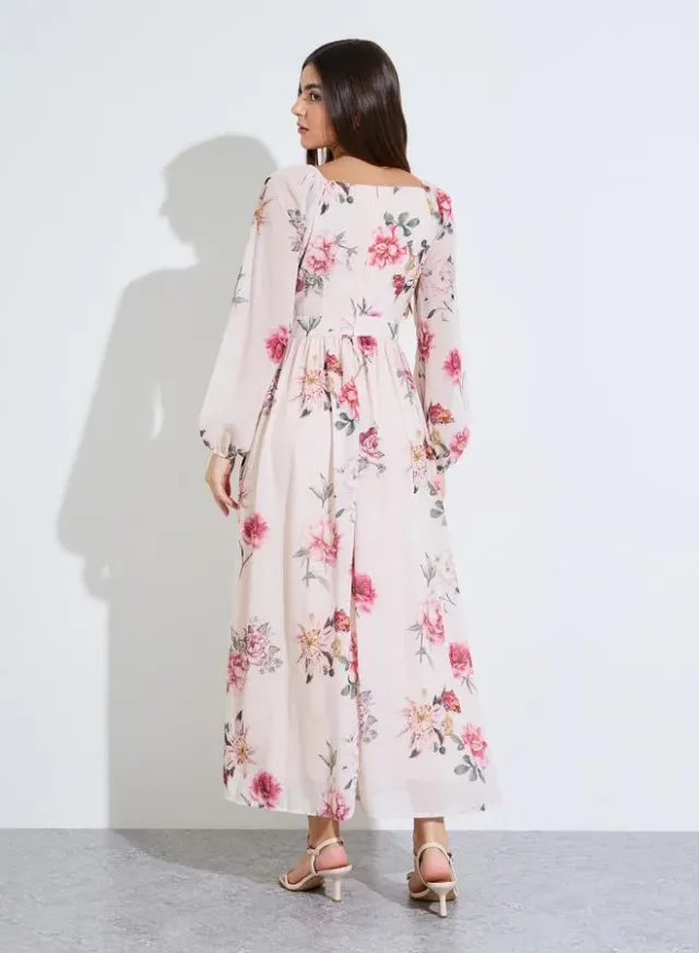 Floral Print Long Sleeves A-Line Maxi Dress – image 3