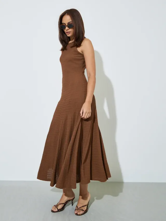 Styli Brown Textured Sleeveless A-Line Maxi Dress