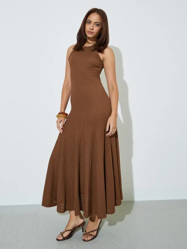 Styli Brown Textured Sleeveless A-Line Maxi Dress – image 3