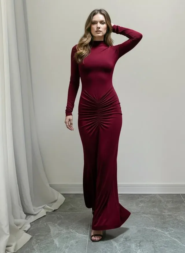 Red Ruched Bodycon Maxi Dress