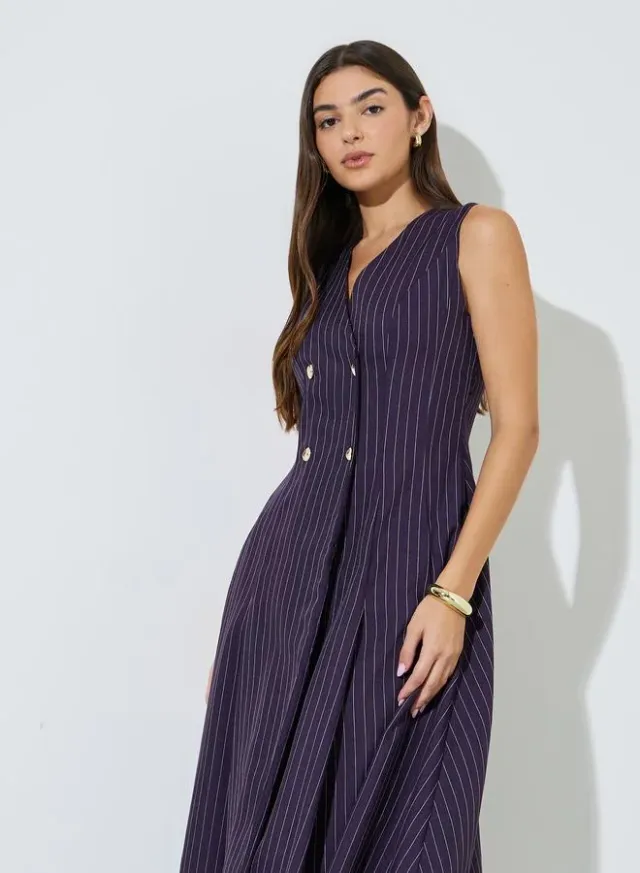Purple Striped Double Breast Sleeveless Blazer Midi Dress – image 2