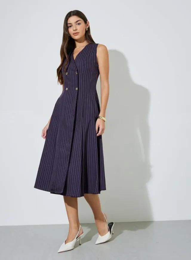 Purple Striped Double Breast Sleeveless Blazer Midi Dress – image 3