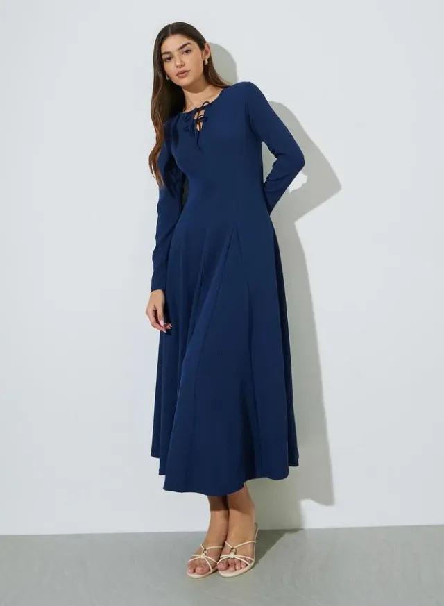Navy Blue Textured Pleated Details Tie-Up Neck A-Line Maxi Dress