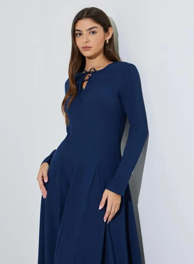 Navy Blue Textured Pleated Details Tie-Up Neck A-Line Maxi Dress – image 2