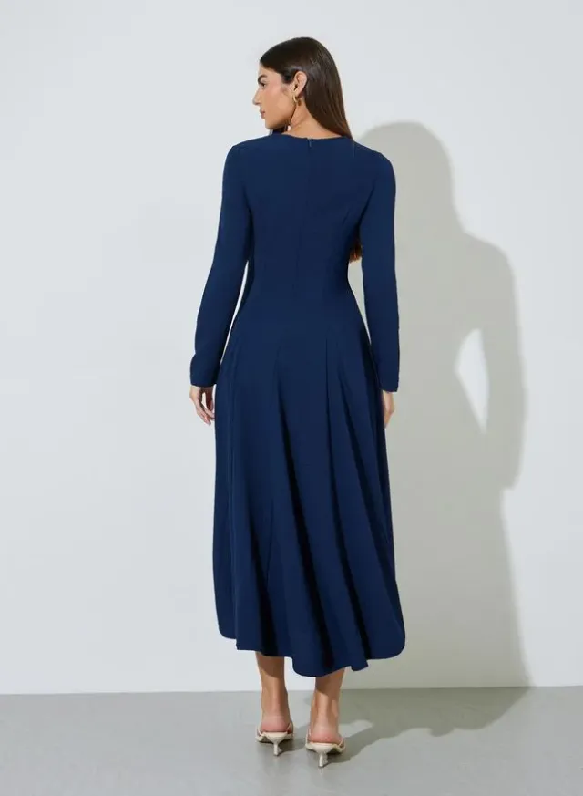 Navy Blue Textured Pleated Details Tie-Up Neck A-Line Maxi Dress – image 3