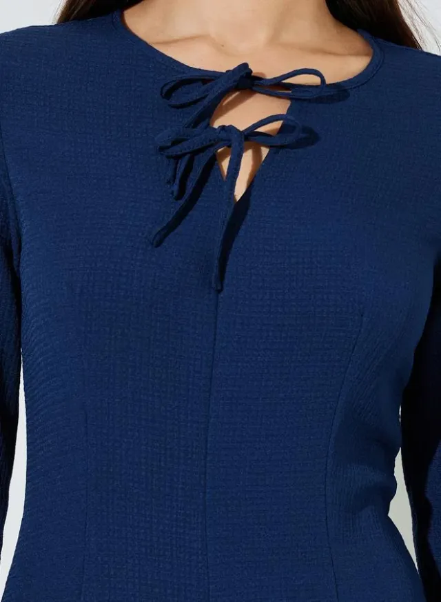 Navy Blue Textured Pleated Details Tie-Up Neck A-Line Maxi Dress – image 4