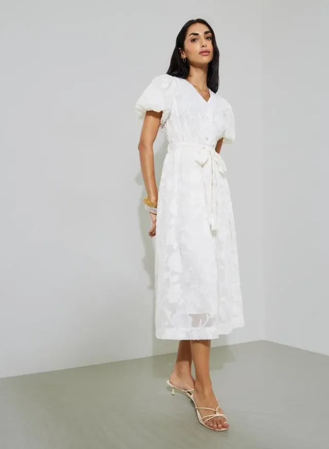 White Self-Design Tie-Up Details Shirt Midi Dress