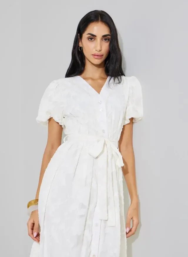 White Self-Design Tie-Up Details Shirt Midi Dress – image 2