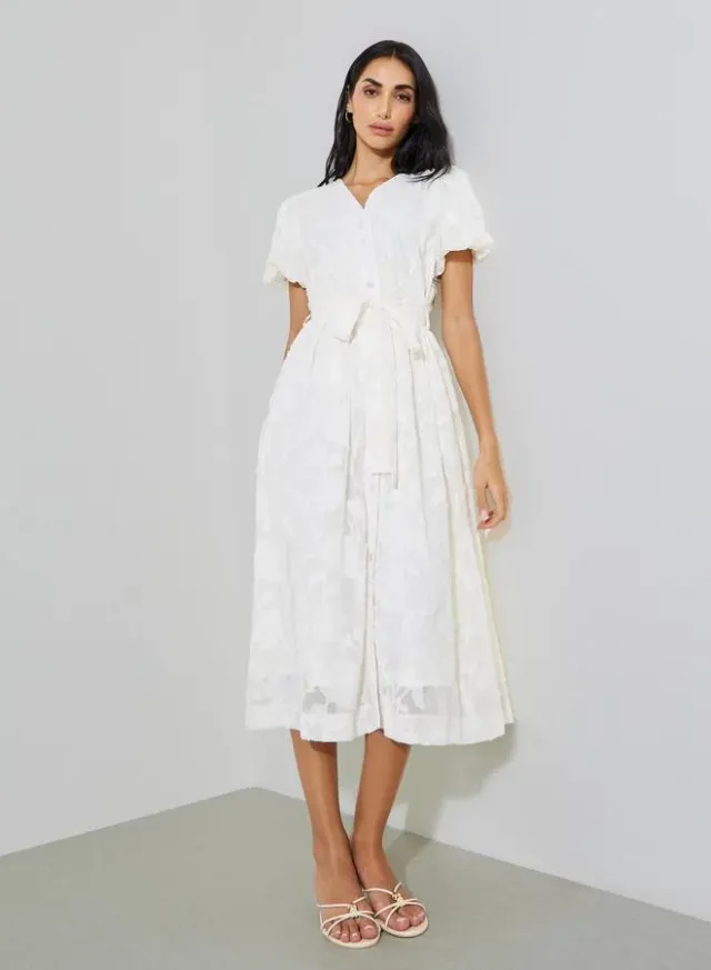 White Self-Design Tie-Up Details Shirt Midi Dress – image 3
