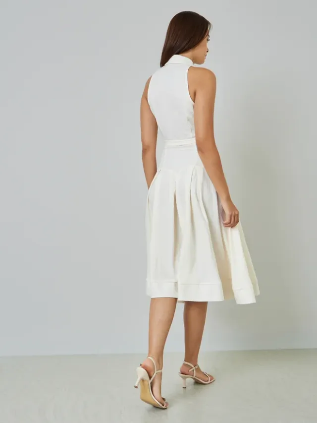 فستان ميدي بنمط قميص ودون أكمام مع حزام ربط – صورة 5