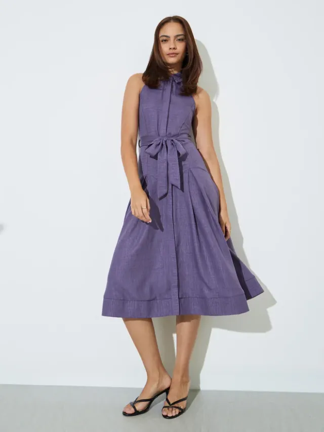 Styli Purple Sleeveless Shirt Midi Dress with Tie-Belt – image 2