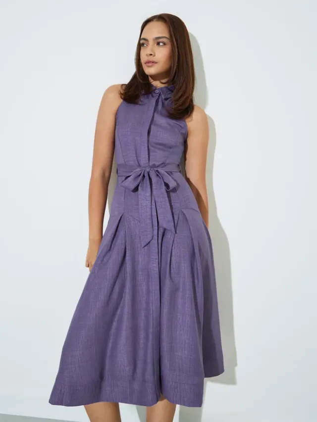 Styli Purple Sleeveless Shirt Midi Dress with Tie-Belt – image 3