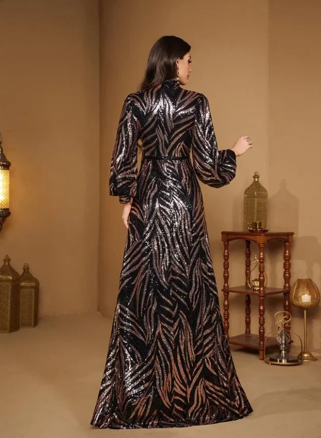 فستان ماكسي بقصة A مطرز بالترتر وأكمام طويلة - فستان سهرة رسمي – صورة 3