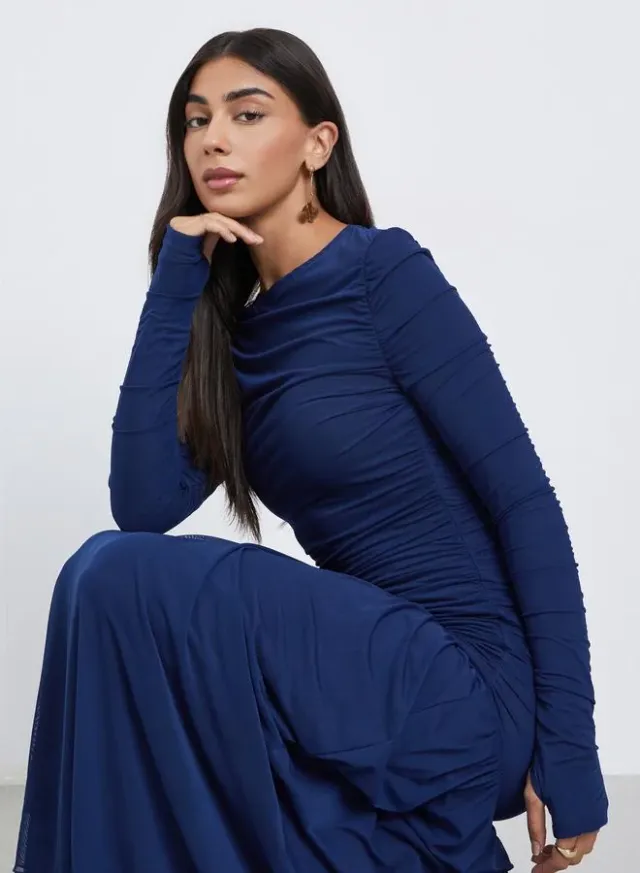 Styli Blue Ruffle Mesh Hem Maxi Dress
