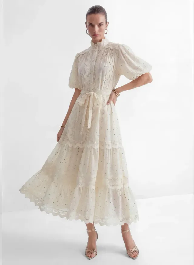 Momentous Love Beige Lace Trim Polka Dot Maxi Dress