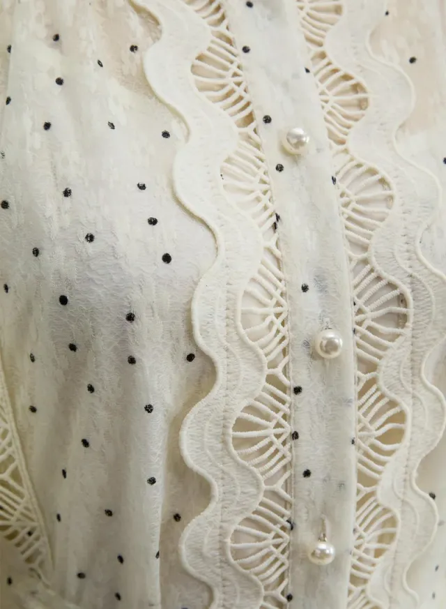 Momentous Love Beige Lace Trim Polka Dot Maxi Dress – image 4