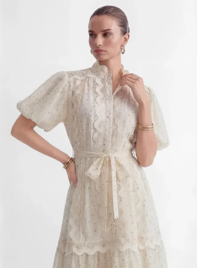 Momentous Love Beige Lace Trim Polka Dot Maxi Dress – image 6