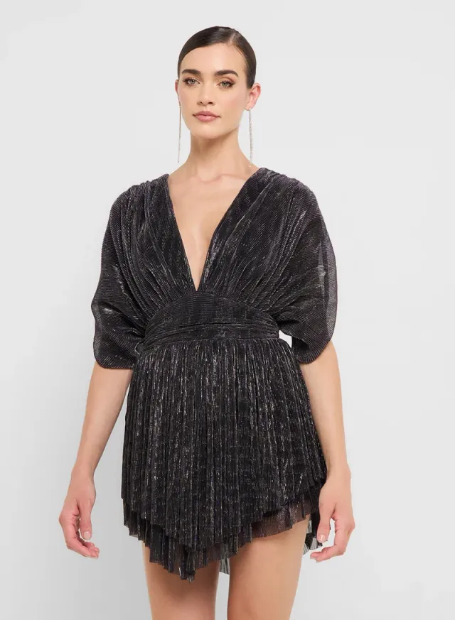 eclat luxe plunge neck metallic pleated dress