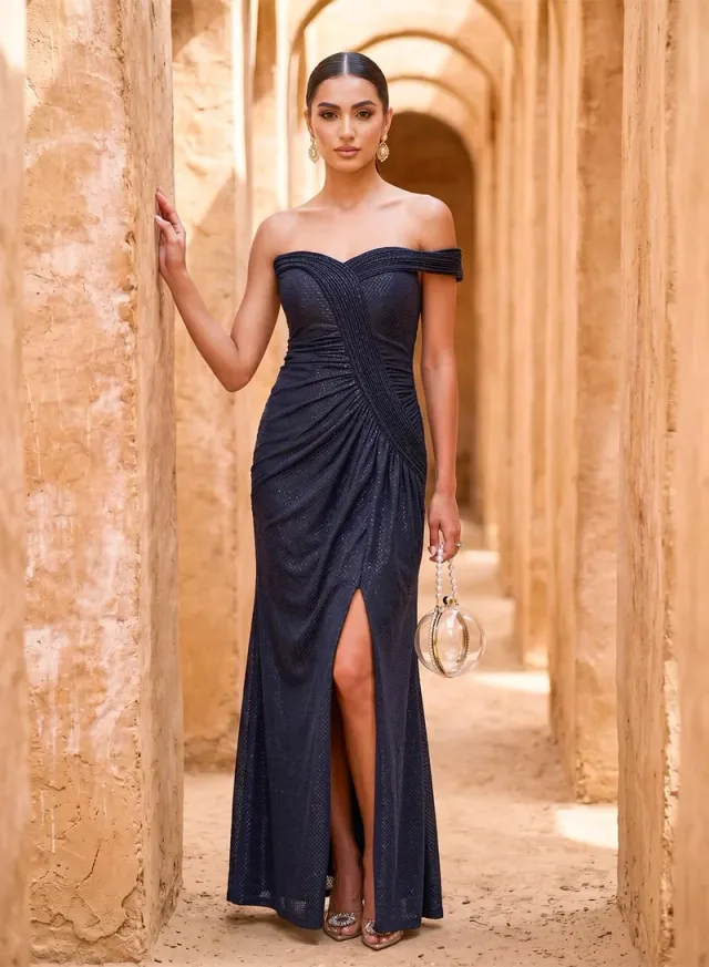 Off Shoulder Sweetheart Neck Front Slit Maxi Dress
