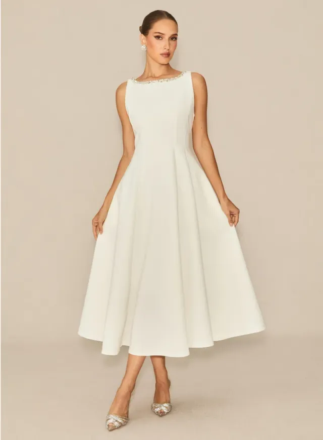 Captured Your Heart White Embellished Sleeveless Midi Dress