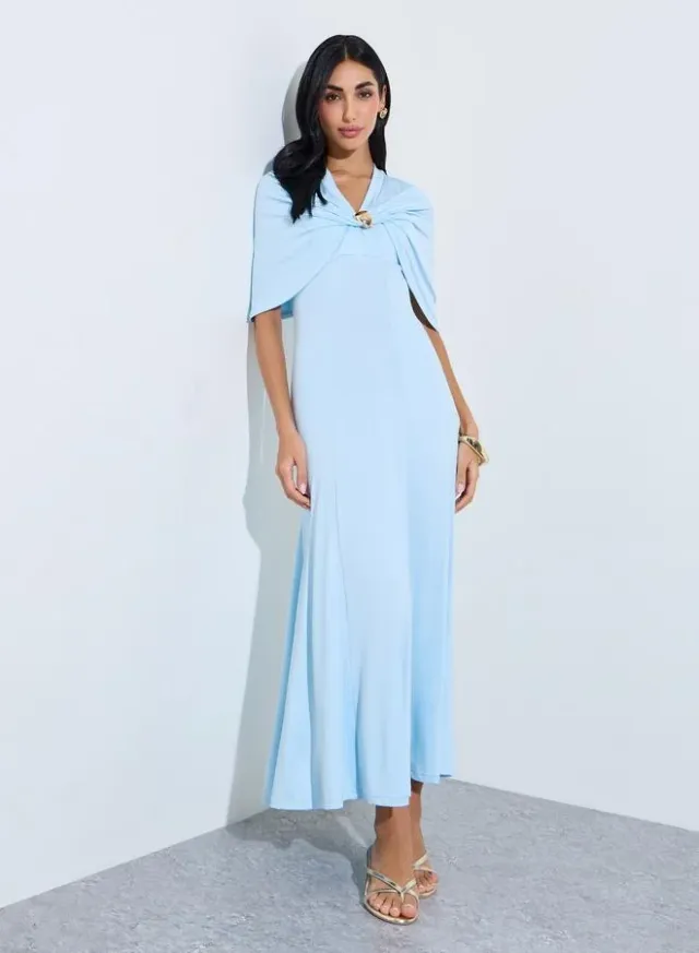 Light Blue Cape Sleeve A-Line Maxi Dress